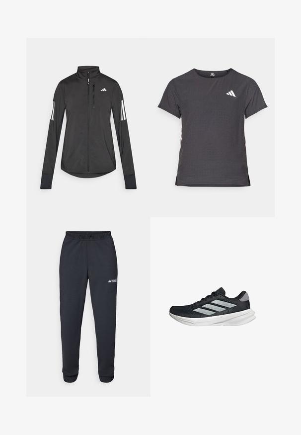 Black athletic jacket made of lightweight material. Features a front zipper, high collar, and three white stripes on each sleeve.; Short-sleeve athletic t-shirt, dark gray with perforated texture. Features a white logo and contrasting side stripes. Rounded neckline.; Black athletic pants made of smooth fabric, featuring an elastic waistband, tapered legs, and a small white logo on the left thigh.; Black running shoe with mesh upper, three silver stripes, white midsole, and textured outsole. Features padded collar and lace closure.