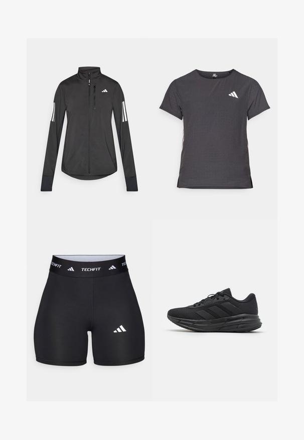 Veste de sport noire en matériau léger. Dotée d'une fermeture éclair sur le devant, d'un col haut et de trois rayures blanches sur chaque manche.; T-shirt de sport à manches courtes, gris foncé avec une texture perforée. Présente un logo blanc et des rayures latérales contrastantes. Encolure arrondie.; Shorts noirs en tissu extensible avec un design ajusté. Dotés d'une large ceinture noire portant l'étiquette "TECHFIT" et d'un logo blanc sur la jambe.; Chaussure de sport noire avec une tige en mesh respirant, présentant trois rayures noires mates, une semelle rembourrée et une semelle texturée pour une meilleure adhérence.