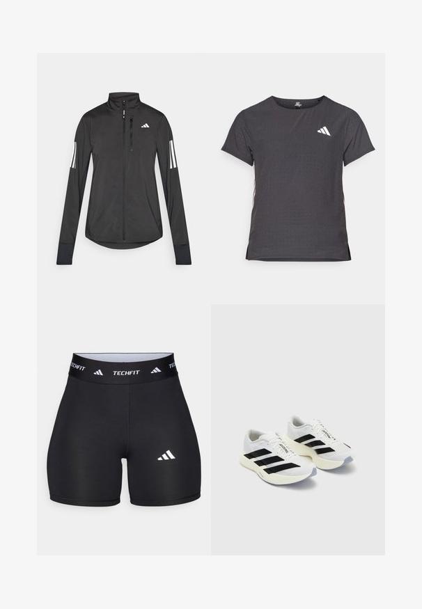 Veste de sport noire en matériau léger. Dotée d'une fermeture éclair sur le devant, d'un col haut et de trois rayures blanches sur chaque manche.; T-shirt de sport à manches courtes, gris foncé avec une texture perforée. Présente un logo blanc et des rayures latérales contrastantes. Encolure arrondie.; Shorts noirs en tissu extensible avec un design ajusté. Dotés d'une large ceinture noire portant l'étiquette "TECHFIT" et d'un logo blanc sur la jambe.; Baskets de sport blanches avec des rayures noires et un logo, dotées d'une tige en mesh, d'un bout arrondi et d'une semelle épaisse crème pour un meilleur amorti.