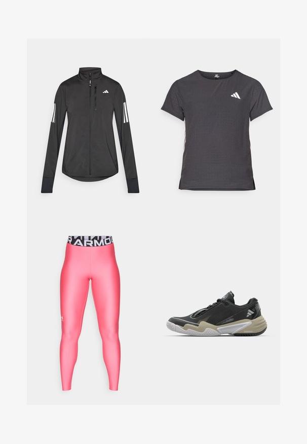 Melnā sporta jaka, izgatavota no viegla materiāla. Tajā ir priekšējais rāvējslēdzis, augsta apkakle un trīs baltas svītras katrā piedurknē.; Īsām piedurkņu sporta T-krekls, tumši pelēks ar perforētu tekstūru. Iespējots ar baltu logotipu un kontrastējošām sānu svītrām. Apaļa kakla izgriezums.; Under Armour HEATGEAR - Legingi - super pink/white; Melnas un bēšas sporta kurpes ar teksturētu augšu, izteiksmīgu zoles dizainu, atstarojošiem akcentiem un auklu sistēmu. Vieglas konstrukcijas.