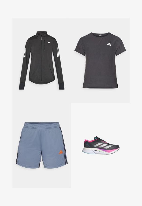 Crni sportski jakna napravljena od laganog materijala. Ima prednji zatvarač, visoki ovratnik i tri bijele pruge na svakoj rukavu.; Majica kratkih rukava za sport, tamno siva s perforiranim uzorkom. Ima bijeli logo i kontrastne bočne pruge. Zaobljeni izrez.; Svijetloplave atletske kratke hlače s elastičnom trakom u struku, crnim bočnim prugama i narančastim adidas logotipom na donjoj lijevoj strani.; Trkaća obuća s gornjim dijelom od sive mrežice, ružičastim akcentima i bijelim prugama. Ima podstavljeni potplat i elegantan, aerodinamičan dizajn.