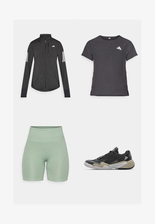 Črna športna jakna iz lahkega materiala. Ima sprednji zadrgo, visok ovratnik in tri bele črte na vsaki rokavi.; Kratka športna majica s kratkimi rokavi, temno siva z perforirano teksturo. Ima bel logotip in kontrastne stranske črte. Okrogel ovratnik.; Svetlozeleni rebrasti kratki bike hlače z visokim pasom, ki imajo teksturirano površino in prilegan dizajn, primeren za aktivno oblačenje.; Črne in bež športne čevlje z teksturirano zgornjico, izrazitim dizajnom podplata, odsevni detajli in sistem vezalke. Lahka konstrukcija.