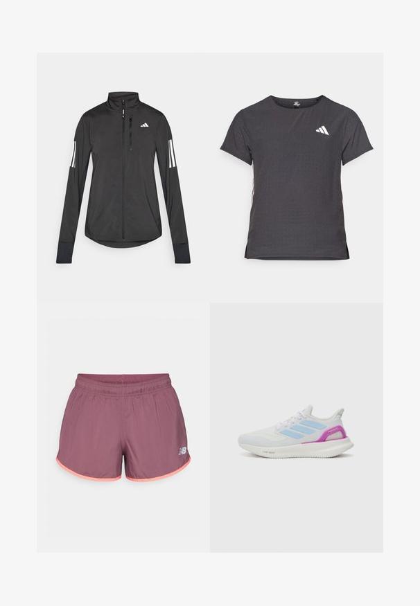 Jaqueta atlética preta feita de material leve. Apresenta um fecho frontal, colarinho alto e três riscas brancas em cada manga.; T-shirt atlético de mangas curtas, cinza escuro com textura perfurada. Apresenta um logo branco e riscas laterais contrastantes. Decote arredondado.; Calções de desporto roxos com cintura elástica e detalhes em rosa, apresentando um pequeno logótipo "NB" branco na parte inferior da perna direita.; adidas Performance PUREBOOST 5 - Sapatos para corrida em estrada - white/glow blue/purple burst