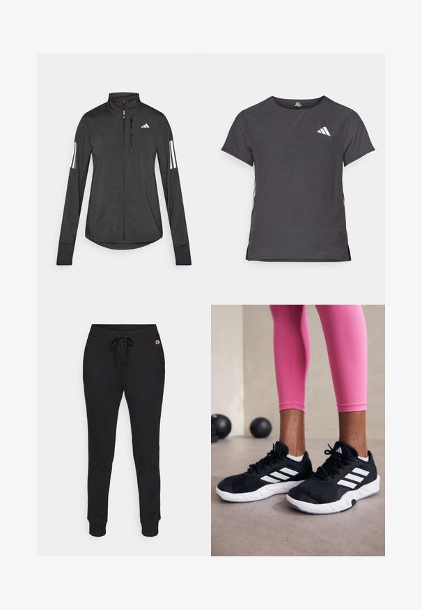 Schwarze Sportjacke aus leichtem Material. Mit einem Frontreißverschluss, hohem Kragen und drei weißen Streifen an jedem Ärmel.; Kurze Ärmel Sport-T-Shirt, dunkelgrau mit durchbrochener Textur. Enthält ein weißes Logo und kontrastierende Seitenstreifen. Runder Ausschnitt.; Schwarze Jogginghosen aus weichem Stoff, ausgestattet mit einem verstellbaren Kordelzugbund und gerippten Bündchen für einen enganliegenden Sitz. Logos an der Seite.; Schwarze Sportschuhe mit weißen Streifen, strukturiertem Mesh-Obermaterial und einer weißen Sohle. Kombiniert mit pinken Leggings, die Trainingsbekleidung zur Schau stellen.