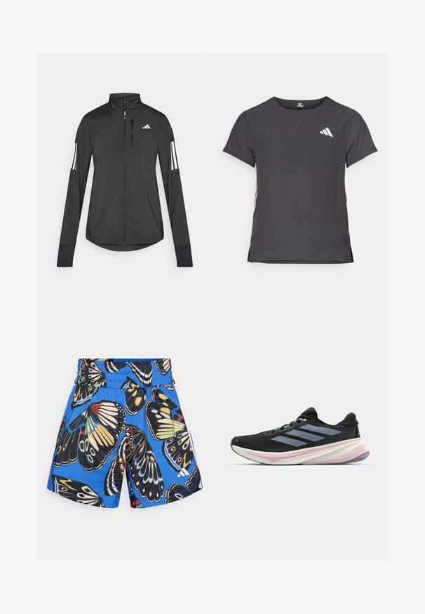 Fekete sportos dzseki könnyű anyagból. Elöl cipzárral, magas gallérral és minden ujjon három fehér csíkkal rendelkezik.; Rövid ujjú sport póló, sötétszürke perforált textúrával. Fehér logóval és kontrasztos oldalsávokkal rendelkezik. Kerek nyakkal.; Kék rövidnadrág pillangómintával fekete, sárga és piros színekben. Rugalmas derékpánt és oldalzsebek, könnyű anyagból készült.; Fekete futócipő hálós felsőrésszel, világoslila részletekkel és három vízszintes szürke csíkkal. Jellemzője a párnázott talp a kényelem érdekében.