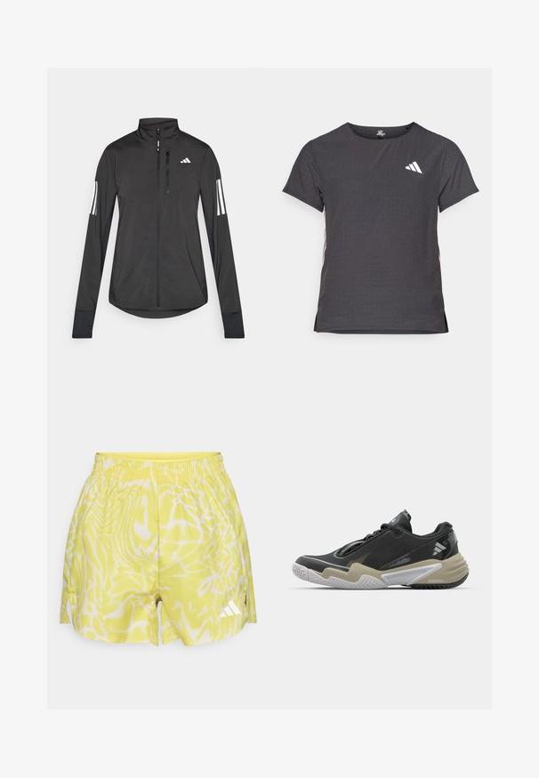 Black athletic jacket made of lightweight material. Features a front zipper, high collar, and three white stripes on each sleeve.; Short-sleeve athletic t-shirt, dark gray with perforated texture. Features a white logo and contrasting side stripes. Rounded neckline.; Bright yellow athletic shorts with a wavy white pattern, elastic waistband, and side slits. Features a white logo accent on one leg.; Black and beige athletic shoe with textured upper, prominent sole design, reflective accents, and lacing system. Lightweight construction.