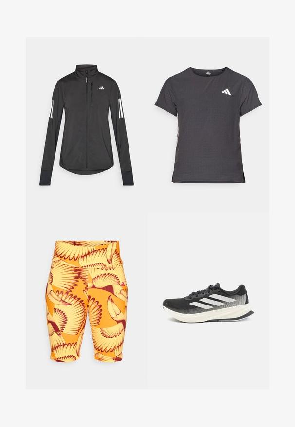 Melnā sporta jaka, izgatavota no viegla materiāla. Tajā ir priekšējais rāvējslēdzis, augsta apkakle un trīs baltas svītras katrā piedurknē.; Īsām piedurkņu sporta T-krekls, tumši pelēks ar perforētu tekstūru. Iespējots ar baltu logotipu un kontrastējošām sānu svītrām. Apaļa kakla izgriezums.; Daudzkrāsaini šorti ar spilgti dzeltenu pamatni, kas rotāti ar sarkano un brūno putnu rakstu ar sarežģītām spārnu detaļām, izgatavoti no elastīga auduma.; Melna sporta kurpe ar sieta augšdaļu, baltām akcentiem un biezu baltu starpsoļu. Piedāvā šņorēšanu un zemu profilu.