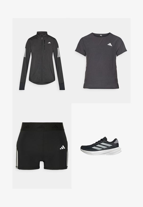 Czarna sportowa kurtka wykonana z lekkiego materiału. Posiada zamek błyskawiczny z przodu, wysoki kołnierz oraz trzy białe paski na każdym rękawie.; Koszulka sportowa z krótkim rękawem, ciemnoszara z perforowaną teksturą. Posiada białe logo oraz kontrastowe paski po bokach. Okrągły dekolt.; Czarne sportowe spodenki wykonane z elastycznego materiału. Posiadają szeroką czarną gumkę w pasie z wytłoczonym logo oraz białe paski po bokach.; Czarny but biegowy z siateczkowym wierzchem, trzema srebrnymi paskami, białą podeszwą środkową i teksturowaną podeszwą zewnętrzną. Posiada wyściełany kołnierz i zapięcie na sznurówki.