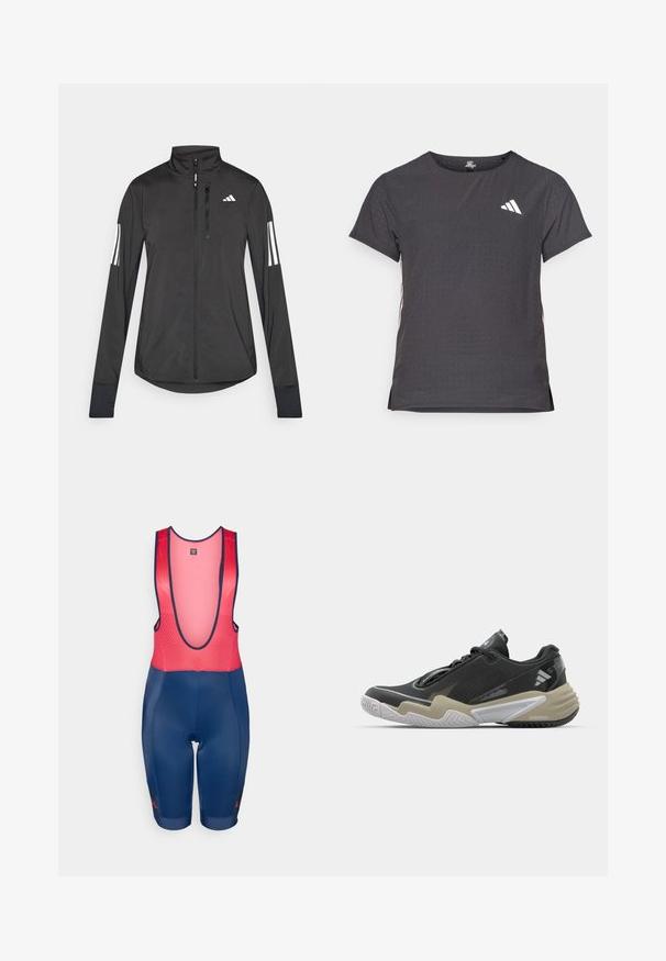 Juodas sportinis švarkas, pagamintas iš lengvos medžiagos. Yra priekinis užtrauktukas, aukšta apykaklė ir trys baltos juostos kiekviename rankovėje.; Trumpas rankovėmis sportinis marškinėlis, tamsiai pilkas, su perforuota tekstūra. Yra baltas logotipas ir kontrastingos šoninės juostos. Iškirptė suapvalinta.; Dviratininkų šortai su petnešomis tamsiai mėlynos ir raudonos spalvos. Turintys be rankovių tinklinį viršų ir paminkštintus šortus, su kontrastingomis spalvų akcentais ir logotipo detale.; Juoda ir béžo spalvų sportinė avalynė su tekstūruota viršutine dalimi, išskirtiniu pado dizainu, atspindinčiomis detalėmis ir raištelių sistema. Lengva konstrukcija.