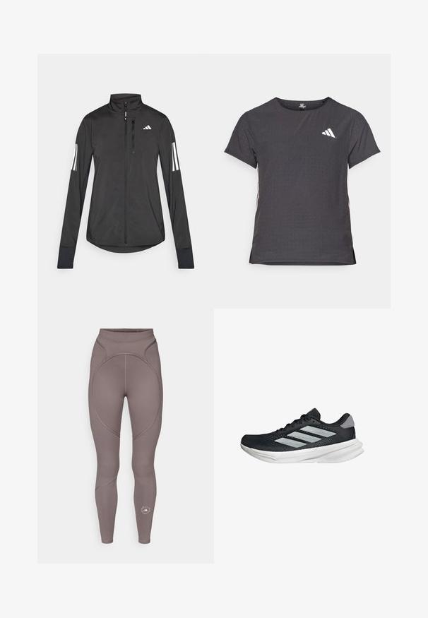 Černá atletická bunda vyrobená z lehkého materiálu. Má přední zip, vysoký límec a tři bílé pruhy na každém rukávu.; Kraťasový sportovní tričko, tmavě šedé barvy s perforovanou texturou. Obsahuje bílé logo a kontrastní boční pruhy. Kulatý výstřih.; adidas by Stella McCartney Punčochy - charcoal; Černé běžecké boty s vrchní částí z prodyšné síťoviny, třemi stříbrnými pruhy, bílou mezipodešví a texturovanou podešví. Obsahují polstrovaný límec a šněrování.