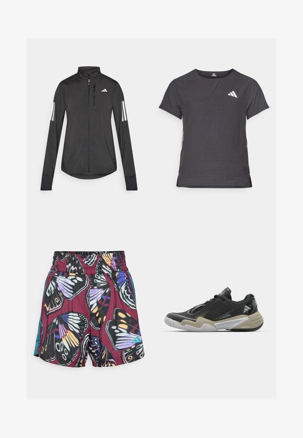 Black athletic jacket made of lightweight material. Features a front zipper, high collar, and three white stripes on each sleeve.; Short-sleeve athletic t-shirt, dark gray with perforated texture. Features a white logo and contrasting side stripes. Rounded neckline.; Shorts featuring a vibrant butterfly print in shades of purple, black, and orange. Elastic waistband with subtle side accents in turquoise.; Black and beige athletic shoe with textured upper, prominent sole design, reflective accents, and lacing system. Lightweight construction.