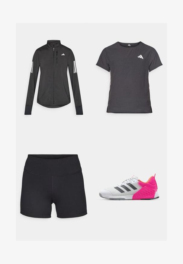 Crni sportski jakna napravljena od laganog materijala. Ima prednji zatvarač, visoki ovratnik i tri bijele pruge na svakoj rukavu.; Majica kratkih rukava za sport, tamno siva s perforiranim uzorkom. Ima bijeli logo i kontrastne bočne pruge. Zaobljeni izrez.; Champion TRAINING SOFT TOUCH BIKER SHORTS - Tajice - black; Bijela atletska tenisica siva pruga, mrežasta gornjište i ružičasta peta i akcenti. Ima teksturiranu petu i gumeni potplat. vezice i podstavljeni ovratnik.