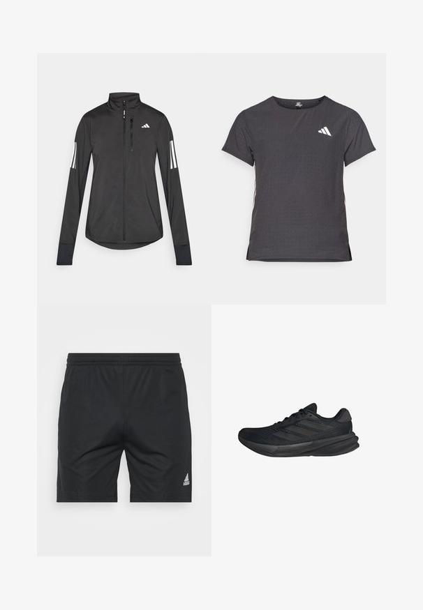 Black athletic jacket made of lightweight material. Features a front zipper, high collar, and three white stripes on each sleeve.; Short-sleeve athletic t-shirt, dark gray with perforated texture. Features a white logo and contrasting side stripes. Rounded neckline.; Black athletic shorts made of smooth fabric, featuring an elastic waistband, straight cut, and a silver Adidas logo on the lower right side.; Black athletic shoes with a mesh upper, streamlined shape, flat sole, and three diagonal stripes on the side. Lightweight design for comfort.