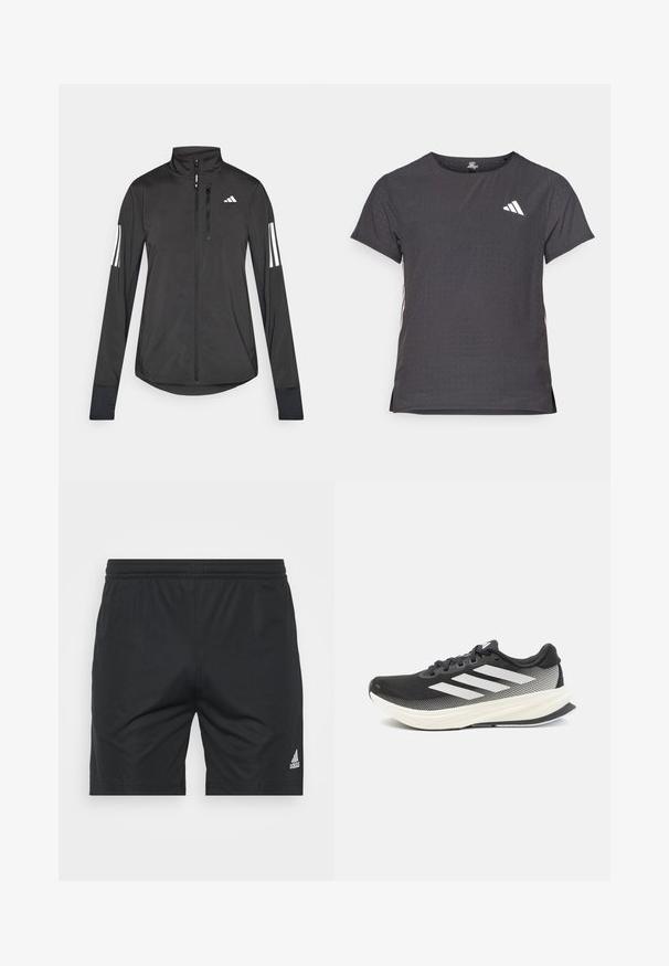 Melnā sporta jaka, izgatavota no viegla materiāla. Tajā ir priekšējais rāvējslēdzis, augsta apkakle un trīs baltas svītras katrā piedurknē.; Īsām piedurkņu sporta T-krekls, tumši pelēks ar perforētu tekstūru. Iespējots ar baltu logotipu un kontrastējošām sānu svītrām. Apaļa kakla izgriezums.; Melnas sporta bikses, izgatavotas no gludas auduma, ar elastīgu jostasvietu, taisnu piegriezumu un sudraba Adidas logo apakšējā labajā stūrī.; Melna sporta kurpe ar sieta augšdaļu, baltām akcentiem un biezu baltu starpsoļu. Piedāvā šņorēšanu un zemu profilu.