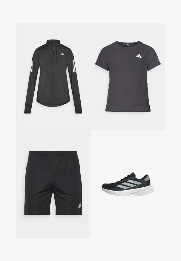 Czarna sportowa kurtka wykonana z lekkiego materiału. Posiada zamek błyskawiczny z przodu, wysoki kołnierz oraz trzy białe paski na każdym rękawie.; Koszulka sportowa z krótkim rękawem, ciemnoszara z perforowaną teksturą. Posiada białe logo oraz kontrastowe paski po bokach. Okrągły dekolt.; Czarne spodenki sportowe wykonane z gładkiego materiału, z elastycznym paskiem w talii, prostym krojem i srebrnym logo Adidas na dolnym prawym boku.; Czarny but biegowy z siateczkowym wierzchem, trzema srebrnymi paskami, białą podeszwą środkową i teksturowaną podeszwą zewnętrzną. Posiada wyściełany kołnierz i zapięcie na sznurówki.