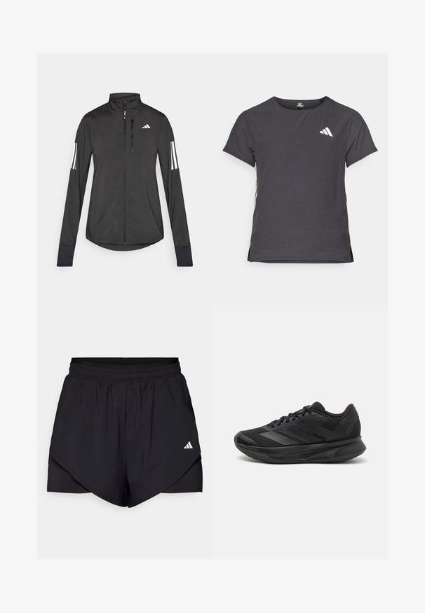 Black athletic jacket made of lightweight material. Features a front zipper, high collar, and three white stripes on each sleeve.; Short-sleeve athletic t-shirt, dark gray with perforated texture. Features a white logo and contrasting side stripes. Rounded neckline.; Black athletic shorts with a layered design, made of lightweight fabric. Features an elastic waistband and a small white logo on the side.; Black running shoe with a breathable mesh upper, rounded toe, sleek design, textured accents, and a cushioned sole for comfort.