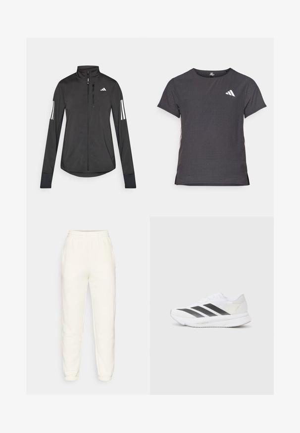 Svart treningsjakke laget av lett materiale. Har glidelås foran, høy krage og tre hvite striper på hver erme.; Kortermet treningstrøye, mørkegrå med perforert tekstur. Har en hvit logo og kontrasterende side-striper. Rund halslinje.; Krem joggebukser laget av myk stoff, med elastisk midjebånd, sidelommer og elastiske mansjetter ved anklene for en tettsittende passform.; Hvit sportssko med svarte diagonale striper, mesh-overdel, rund tå og teksturert såle. Detaljene inkluderer en sølvfarget hæl og minimalistisk design.