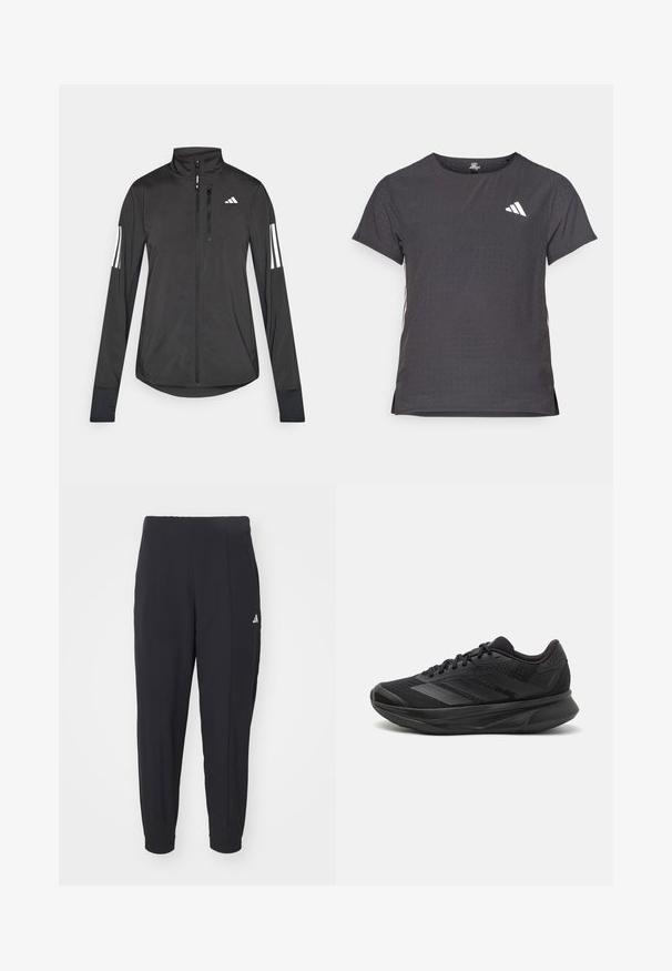 Musta urheilutakki, joka on valmistettu kevyestä materiaalista. Ominaisuuksiin kuuluu etuvetoketju, korkea kaulus ja kolme valkoista raitaa joka hihassa.; Lyhythihainen urheilupaita, tummanharmaa, jossa on reikäkudot. Ominaisuuksina valkoinen logo ja kontrastiväriset sivusuunnat. Pyöreä pääntie.; Mustat urheiluhousut, jotka on valmistettu sileästä kankaasta. Kapeneva malli ja joustavat hihansuut. Vasemmassa lantiossa pieni valkoinen logo.; Mustat juoksukengät, joissa on hengittävä verkkoyläosa, pyöreä varvas, sulavalinjainen muotoilu, teksturoidut yksityiskohdat ja pehmustettu pohja mukavuutta varten.