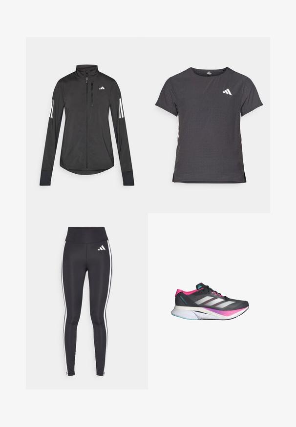 Giacchetto sportivo nero realizzato in materiale leggero. Presenta una chiusura frontale con zip, colletto alto e tre strisce bianche su ciascun manica.; T-shirt atletico a maniche corte, grigio scuro con texture perforata. Presenta un logo bianco e strisce laterali a contrasto. Girocollo.; Leggings neri a vita alta, con strisce bianche sui fianchi e un piccolo logo bianco sulla coscia sinistra. Realizzati in materiale liscio ed elasticizzato.; Scarpa da corsa con una tomaia in mesh grigia, dettagli in rosa e strisce bianche. Presenta una suola ammortizzata e un design slanciato e aerodinamico.
