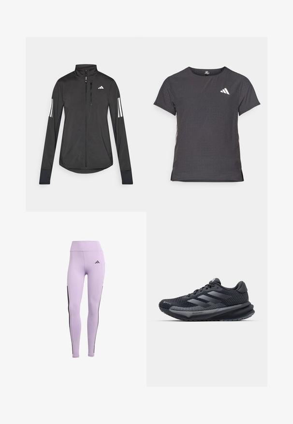Czarna sportowa kurtka wykonana z lekkiego materiału. Posiada zamek błyskawiczny z przodu, wysoki kołnierz oraz trzy białe paski na każdym rękawie.; Koszulka sportowa z krótkim rękawem, ciemnoszara z perforowaną teksturą. Posiada białe logo oraz kontrastowe paski po bokach. Okrągły dekolt.; Fioletowe legginsy sportowe z wysokim stanem, elastycznego materiału, czarnymi paskami po bokach oraz logo Adidas z przodu.; Czarne buty sportowe z teksturowanym siateczkowym wierzchem, odblaskowymi akcentami, wyściełaną podeszwą i aerodynamicznym kształtem. Zawierają logo z trzema paskami.