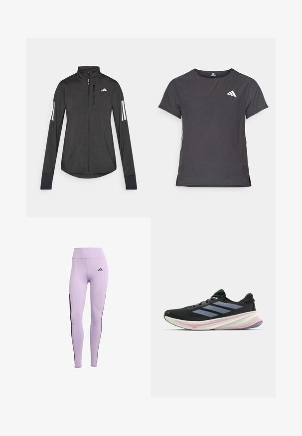 Must mustriga mustrin, millel on esiküljel lukuga, kõrge krae ja igal varrukal kolm valget triipu.; Lühikese varrukaga sportlik T-särk, tumehall, perforatsiooni tekstuuriga. Omab valget logo ja kontrastset külgtriipu. Ümar kaelus.; Lilla sportlikke, millel on kõrge vöökoht, veniv kangas, mustad külgrihmad ja Adidas logo ees.; Musts jooksujalanõud, millel on võrgusilmast ülemine osa, heledad lillad aktsendid ja kolm horisontaalset halli triipu. Omab mugavat polsterdatud tallat.