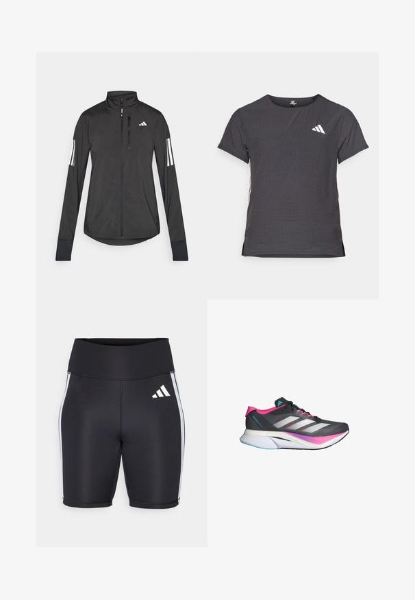 Černá atletická bunda vyrobená z lehkého materiálu. Má přední zip, vysoký límec a tři bílé pruhy na každém rukávu.; Kraťasový sportovní tričko, tmavě šedé barvy s perforovanou texturou. Obsahuje bílé logo a kontrastní boční pruhy. Kulatý výstřih.; Černé sportovní šortky s vysokým pasem, bílé boční pruhy a malé bílé logo. Hladký materiál s přiléhavým střihem.; Běžecká obuv s šedým síťovaným svrškem, růžovými akcenty a bílými pruhy. Disponuje odpruženou podrážkou a štíhlým, aerodynamickým designem.