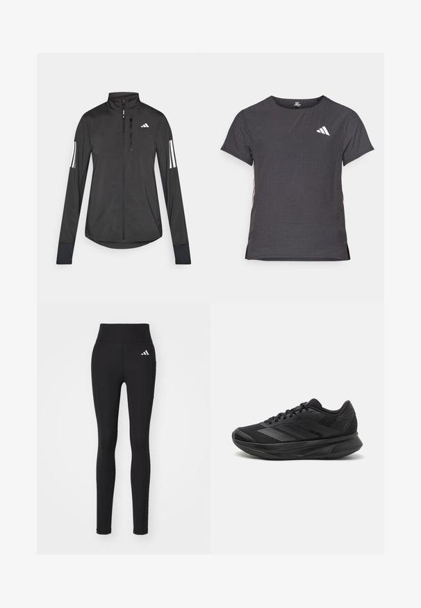Black athletic jacket made of lightweight material. Features a front zipper, high collar, and three white stripes on each sleeve.; Short-sleeve athletic t-shirt, dark gray with perforated texture. Features a white logo and contrasting side stripes. Rounded neckline.; Black athletic leggings with a high waistband, made of stretchy fabric. Features a white logo on the hip and solid color throughout.; Black running shoe with a breathable mesh upper, rounded toe, sleek design, textured accents, and a cushioned sole for comfort.