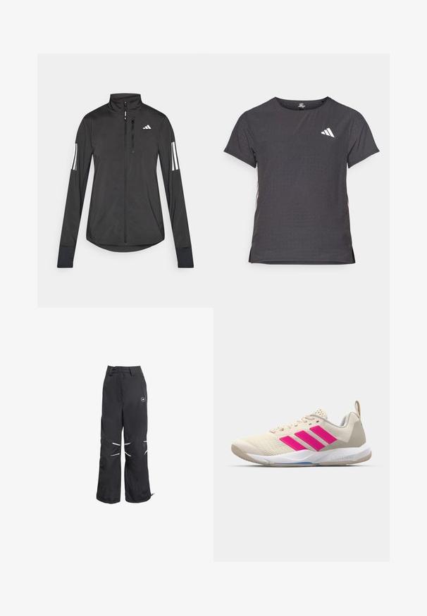 Sort atletisk jakke lavet af let materiale. Har en frontlynlås, høj krave og tre hvide striber på hver ærme.; Kortærmet atletisk t-shirt, mørkegrå med perforeret tekstur. Har et hvidt logo og kontrastfarvede sidelister. Rundet halsudskæring.; Sorte wide-leg bukser med refleksdetaljer på knæene, høj talje med bæltestropper og et rundt logo på den øverste højre lår.; Beige sportsko med pink tre-stribede logo, tekstureret mesh overdel, polstret krave og hvid gummisål, med "LIGHTSTRIKE" branding.