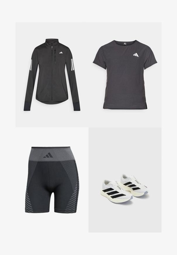 Black athletic jacket made of lightweight material. Features a front zipper, high collar, and three white stripes on each sleeve.; Short-sleeve athletic t-shirt, dark gray with perforated texture. Features a white logo and contrasting side stripes. Rounded neckline.; High-waisted black athletic shorts with mesh texture, featuring grey geometric patterns and a logo on the waistband, made from flexible material.; White athletic shoes with black stripes and branding, featuring a mesh upper, rounded toe, and thick cream sole for cushioning.