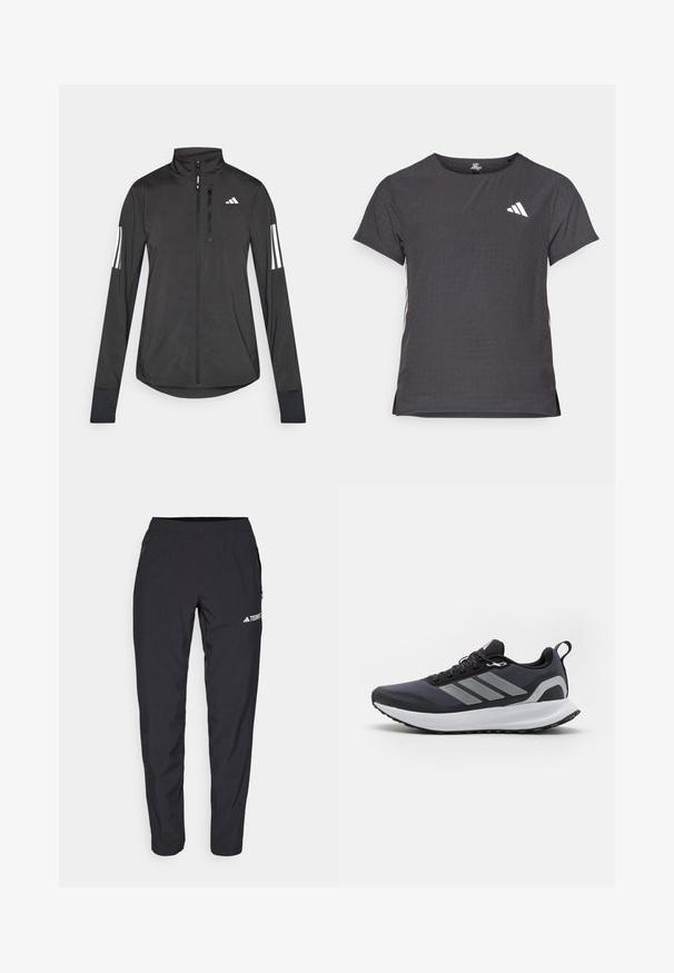 Juodas sportinis švarkas, pagamintas iš lengvos medžiagos. Yra priekinis užtrauktukas, aukšta apykaklė ir trys baltos juostos kiekviename rankovėje.; Trumpas rankovėmis sportinis marškinėlis, tamsiai pilkas, su perforuota tekstūra. Yra baltas logotipas ir kontrastingos šoninės juostos. Iškirptė suapvalinta.; Juodi sportiniai džinsai, pagaminti iš lengvos, elastingos medžiagos, su elastine juosmens juosta ir šoninėmis užtrauktukinėmis kišenėmis. Dėl balto logotipo ant šlaunies.; Juodos sportinės bateliai su tinklinio audinio viršumi, balta tarpine, tekstūruotu guminiu padu ir trimis pilkomis juostelėmis šone. Yra raišteliai ir kilpa.