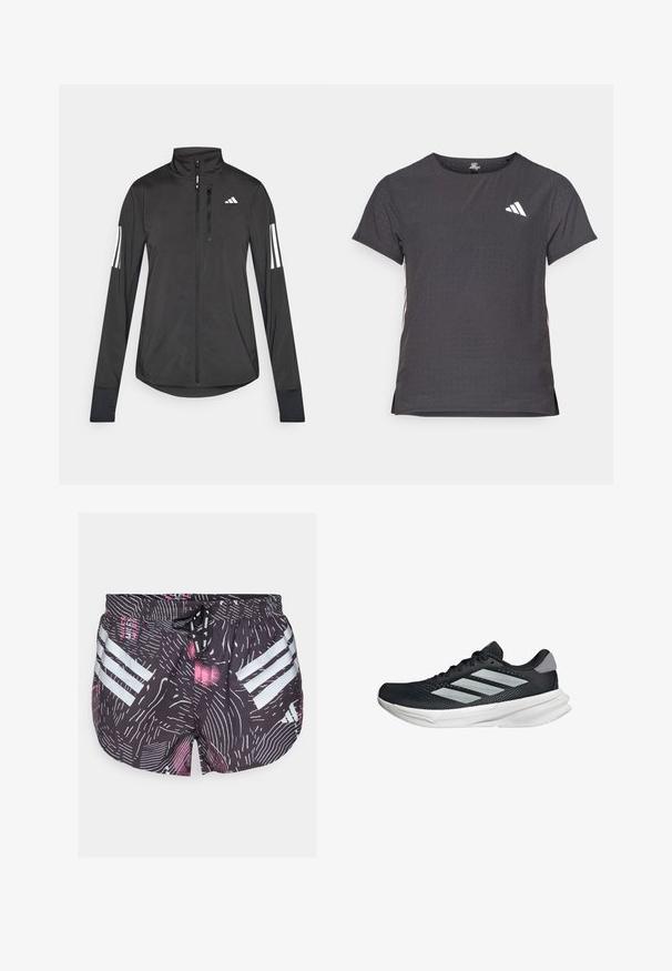 Crni sportski jakna napravljena od laganog materijala. Ima prednji zatvarač, visoki ovratnik i tri bijele pruge na svakoj rukavu.; Majica kratkih rukava za sport, tamno siva s perforiranim uzorkom. Ima bijeli logo i kontrastne bočne pruge. Zaobljeni izrez.; adidas Performance SHORT - Sportske kratke hlače - black; Crne trkačke tenisice s mrežastim gornjim dijelom, tri srebrne pruge, bijeli srednji sloj i teksturirani potplat. Sadrži podstavljeni ovratnik i zatvaranje s vezicama.