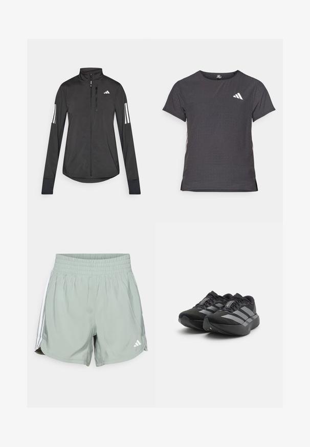 Svart treningsjakke laget av lett materiale. Har glidelås foran, høy krage og tre hvite striper på hver erme.; Kortermet treningstrøye, mørkegrå med perforert tekstur. Har en hvit logo og kontrasterende side-striper. Rund halslinje.; Lysegrønne treningsshorts med elastisk linning, hvite side-striper og en liten hvit logo på nederste høyre ben.; Et par svarte Adidas Adizero joggesko med grå striper, tykke såler og snøringer på en hvit bakgrunn.