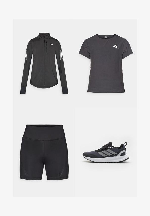 Black athletic jacket made of lightweight material. Features a front zipper, high collar, and three white stripes on each sleeve.; Short-sleeve athletic t-shirt, dark gray with perforated texture. Features a white logo and contrasting side stripes. Rounded neckline.; Black athletic shorts made of stretchy, lightweight fabric. High waistband, smooth seams, with subtle side patterns for added detail.; Black athletic shoe with mesh upper, white midsole, textured rubber outsole, and three grey stripes on the side. Features laces and a pull tab.