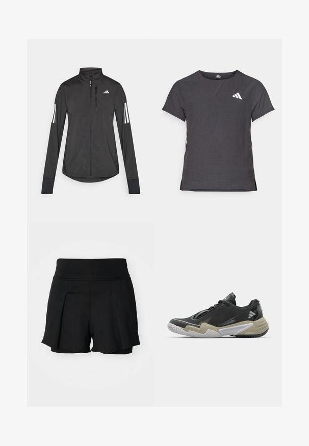 Černá atletická bunda vyrobená z lehkého materiálu. Má přední zip, vysoký límec a tři bílé pruhy na každém rukávu.; Kraťasový sportovní tričko, tmavě šedé barvy s perforovanou texturou. Obsahuje bílé logo a kontrastní boční pruhy. Kulatý výstřih.; Černé sportovní šortky s širokým pasem, sklady v přední části a vnitřní podšívkou. Vyrobené z pružného, lehkého materiálu.; Černá a béžová sportovní obuv s texturovaným svrškem, výrazným designem podešve, reflexními prvky a šněrovacím systémem. Lehká konstrukce.