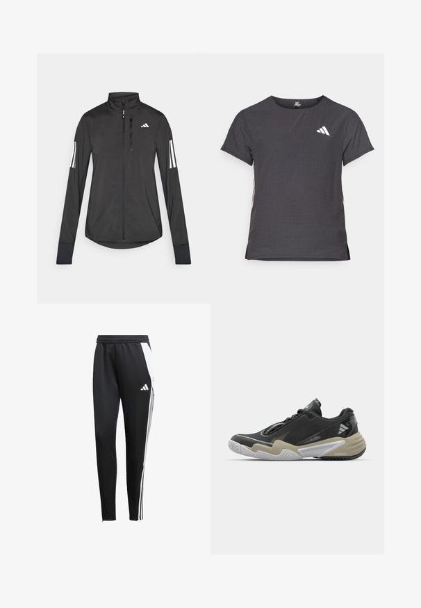 Schwarze Sportjacke aus leichtem Material. Mit einem Frontreißverschluss, hohem Kragen und drei weißen Streifen an jedem Ärmel.; Kurze Ärmel Sport-T-Shirt, dunkelgrau mit durchbrochener Textur. Enthält ein weißes Logo und kontrastierende Seitenstreifen. Runder Ausschnitt.; Schwarze Sporthose mit schmalem Schnitt, aus glattem Stoff gefertigt. Verfügt über weiße Seitenstreifen und ein gesticktes Logo am linken Bein.; Schwarzer und beiger Sportschuh mit strukturiertem Obermaterial, auffälligem Sohlen-Design, reflektierenden Akzenten und Schnürsystem. Leichte Konstruktion.