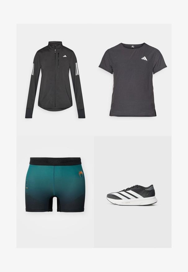 Czarna sportowa kurtka wykonana z lekkiego materiału. Posiada zamek błyskawiczny z przodu, wysoki kołnierz oraz trzy białe paski na każdym rękawie.; Koszulka sportowa z krótkim rękawem, ciemnoszara z perforowaną teksturą. Posiada białe logo oraz kontrastowe paski po bokach. Okrągły dekolt.; Męskie dopasowane szorty w gradientzie od niebiesko-zielonego do czarnego, z czarną siateczkową talią, pomarańczowym logo i teksturowanymi akcentami po bokach.; Czarna sportowa buty z białymi paskami, siateczkowa cholewka, amortyzowana podeszwa i smukły design. Akcenty szarości na pięcie i języku.