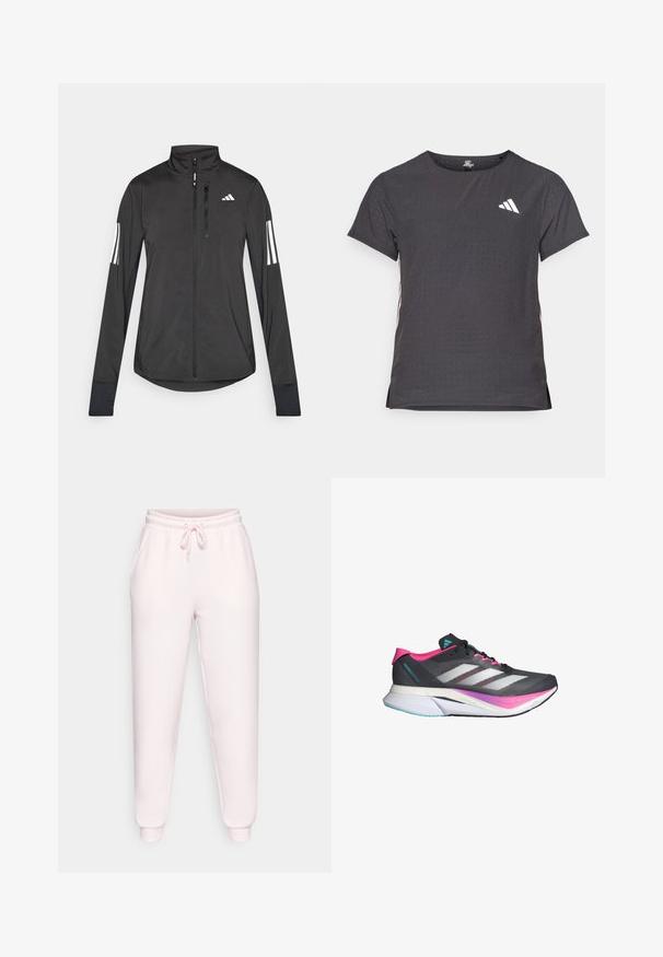 Schwarze Sportjacke aus leichtem Material. Mit einem Frontreißverschluss, hohem Kragen und drei weißen Streifen an jedem Ärmel.; Kurze Ärmel Sport-T-Shirt, dunkelgrau mit durchbrochener Textur. Enthält ein weißes Logo und kontrastierende Seitenstreifen. Runder Ausschnitt.; Hellrosa Jogginghose aus weichem Material, mit einem elastischen Bund und Kordelzug, seitlichen Taschen und gerippten Bündchen.; Laufschuh mit einem grauen Mesh-Obermaterial, pinken Akzenten und weißen Streifen. Verfügt über eine gepolsterte Sohle und ein schlankes, aerodynamisches Design.