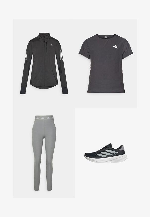 Schwarze Sportjacke aus leichtem Material. Mit einem Frontreißverschluss, hohem Kragen und drei weißen Streifen an jedem Ärmel.; Kurze Ärmel Sport-T-Shirt, dunkelgrau mit durchbrochener Textur. Enthält ein weißes Logo und kontrastierende Seitenstreifen. Runder Ausschnitt.; adidas Performance Tights - medium grey heather/white; Schwarzer Laufschuh mit Mesh-Obermaterial, drei silbernen Streifen, weißer Zwischensohle und strukturiertem Außensohle. Verfügt über einen gepolsterten Schaft und eine Schnürung.