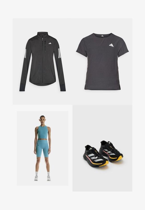 Schwarze Sportjacke aus leichtem Material. Mit einem Frontreißverschluss, hohem Kragen und drei weißen Streifen an jedem Ärmel.; Kurze Ärmel Sport-T-Shirt, dunkelgrau mit durchbrochener Textur. Enthält ein weißes Logo und kontrastierende Seitenstreifen. Runder Ausschnitt.; On Tights - niagara; Schwarze Sportschuhe mit weißen Streifen, gelben Zehenakzenten und strukturierten Obermaterialien. Mit einer gepolsterten Sohle und schwarzen Schnürsenkeln.