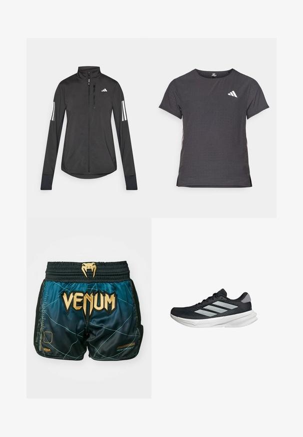 Musta urheilutakki, joka on valmistettu kevyestä materiaalista. Ominaisuuksiin kuuluu etuvetoketju, korkea kaulus ja kolme valkoista raitaa joka hihassa.; Lyhythihainen urheilupaita, tummanharmaa, jossa on reikäkudot. Ominaisuuksina valkoinen logo ja kontrastiväriset sivusuunnat. Pyöreä pääntie.; Mustat ja teal-väriset urheilushortsit, joissa on VENUM-logot kultaisella värillä, kiiltävä pinta, verkkokankaiset yksityiskohdat ja geometrinen kuvio.; Musta juoksukenkä, jossa on verkko-osa ylhäällä, kolme hopeista raitaa, valkoinen välipohja ja teksturoitu pohja. Varustettu pehmustetulla nilkkaremmeillä ja nauhakiinnityksellä.