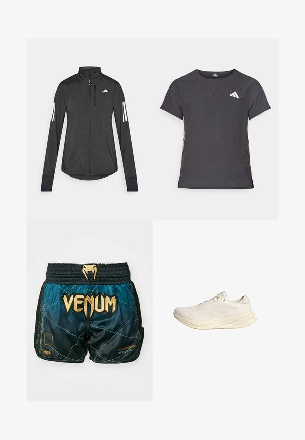 Jaqueta atlética preta feita de material leve. Apresenta um fecho frontal, colarinho alto e três riscas brancas em cada manga.; T-shirt atlético de mangas curtas, cinza escuro com textura perfurada. Apresenta um logo branco e riscas laterais contrastantes. Decote arredondado.; Calças de desporto pretas e verde-água com marca VENUM em dourado, com um acabamento brilhante, detalhes em malha e um padrão geométrico.; Sapatilha desportiva bege claro com parte superior em malha, atacadores planos e sola acolchoada. Apresenta um design de três riscas no lado lateral.