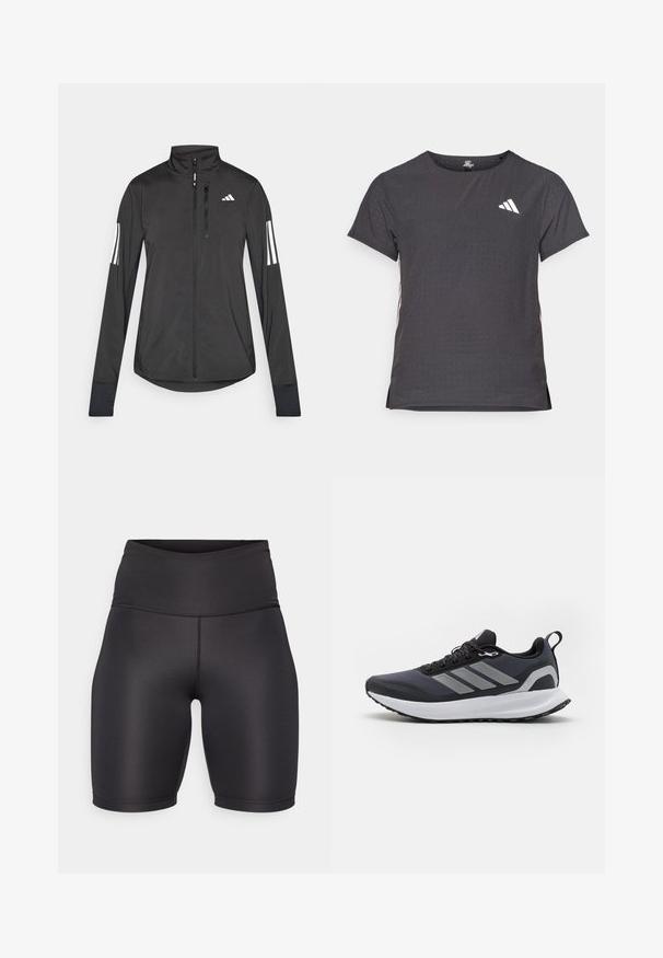 Must mustriga mustrin, millel on esiküljel lukuga, kõrge krae ja igal varrukal kolm valget triipu.; Lühikese varrukaga sportlik T-särk, tumehall, perforatsiooni tekstuuriga. Omab valget logo ja kontrastset külgtriipu. Ümar kaelus.; Mustad mustraalsed lühikesed püksid, millel on kõrge vöökoht, valmistatud siledast ja venivast kangast. Omavad sujuvat disaini ja kuni põlveni ulatuvat lõiget.; Mustad mustrikad uuendatud ülemise osaga, valge vahekiht, tekstuuriga kummist välistald ja kolm halli triipu külgedel. Omavad paelu ja tõmbenööri.