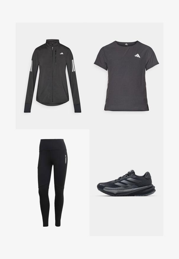 Svart idrottsjacka i lätt material. Har en framzipper, hög krage och tre vita ränder på varje ärm.; Kortärmad atletisk t-shirt, mörkgrå med perforerad textur. Har en vit logotyp och kontrasterande sidostripes. Rundad halsringning.; Svarta träningsleggings med hög midja, som har en sidoficka, sömlös design och Terrex-logotyp på den högra framsidan.; Svart sportskor med ett texturerat mesh-ovandel, reflexdetaljer, dämpad sula och en strömlinjeformad design. Har tre randigt logotyp.