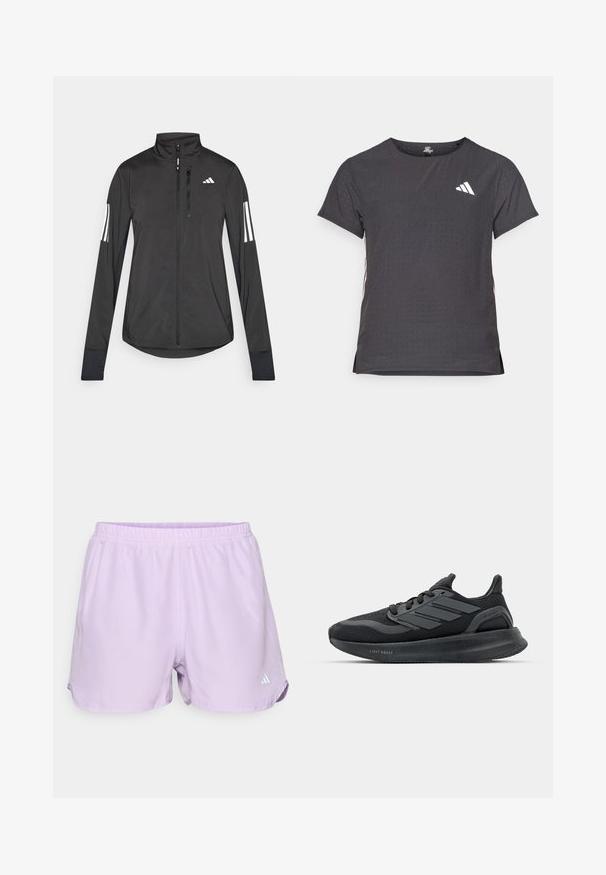Schwarze Sportjacke aus leichtem Material. Mit einem Frontreißverschluss, hohem Kragen und drei weißen Streifen an jedem Ärmel.; Kurze Ärmel Sport-T-Shirt, dunkelgrau mit durchbrochener Textur. Enthält ein weißes Logo und kontrastierende Seitenstreifen. Runder Ausschnitt.; Lila Sportshorts mit elastischem Bund, feuchtigkeitsableitendem Stoff und einem kleinen weißen Logo auf der unteren rechten Seite.; Schwarze Sportschuhe mit einem Obermaterial aus Mesh, strukturierten Paneelen, drei Streifen-Detail und einer gekrümmten Sohle, die mit "LIGHT BOOST" beschriftet ist.