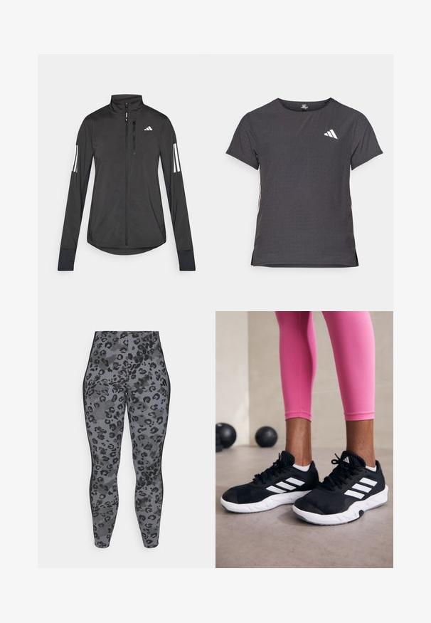 Jaqueta atlética preta feita de material leve. Apresenta um fecho frontal, colarinho alto e três riscas brancas em cada manga.; T-shirt atlético de mangas curtas, cinza escuro com textura perfurada. Apresenta um logo branco e riscas laterais contrastantes. Decote arredondado.; Leggings cinzentos com um padrão de estampado de leopardo preto, feitos de um tecido elástico, com uma cintura alta e um design justo.; Sapatos de treino pretos com riscas brancas, parte superior em malha texturizada e sola branca. Usados com leggings cor-de-rosa, destacando roupa de treino.