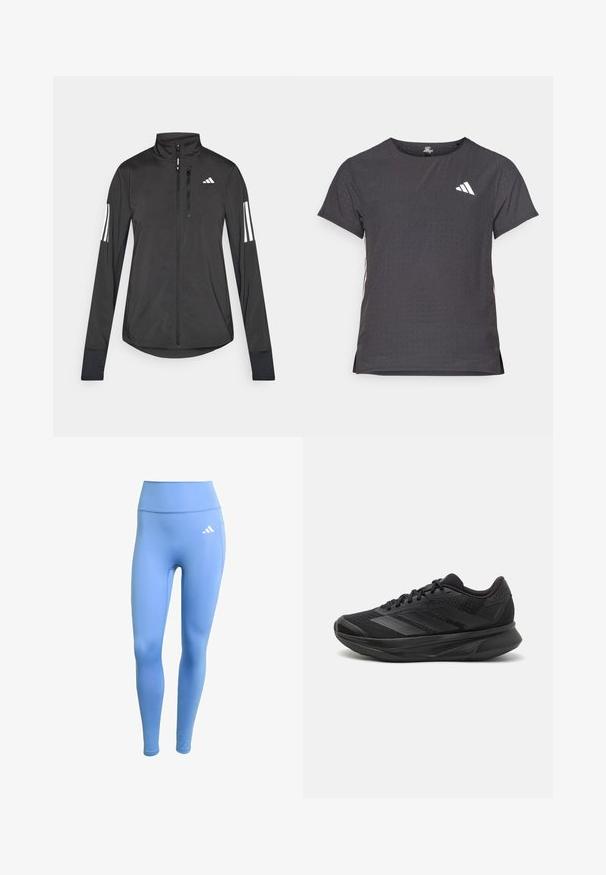 Zwarte sportjack gemaakt van lichtgewicht materiaal. Voorzien van een ritssluiting aan de voorkant, hoge kraag en drie witte strepen op elke mouw.; Korte mouwen sport t-shirt, donkergrijs met geperforeerde textuur. Bevat een wit logo en contrasterende zijstrepen. Ronde halslijn.; Blauwe sportleggingen van rekbaar materiaal. Hoog getailleerd ontwerp, met een witte Adidas-logo aan de linkerkant. Glad textuur.; Zwarte hardloopschoen met een ademende mesh bovenkant, ronde neus, slank ontwerp, textuuraccenten en een gevoerde zool voor comfort.