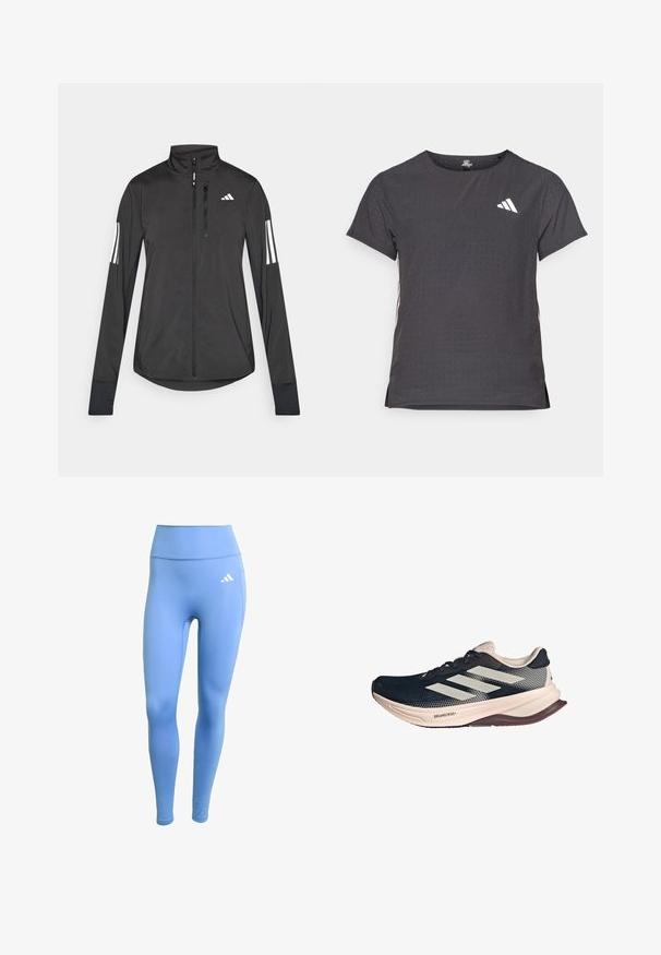 Chaqueta deportiva negra hecha de material ligero. Cuenta con una cremallera frontal, un cuello alto y tres franjas blancas en cada manga.; Camiseta atlética de manga corta, gris oscuro con textura perforada. Presenta un logo blanco y rayas laterales en contraste. Escote redondeado.; Leggings deportivos azules hechos de una tela elástica. Diseño de cintura alta, con un logo blanco de Adidas en el lado izquierdo. Textura suave.; Zapatilla de running con una parte superior de malla azul oscura, suela beige claro y diseño de tres rayas blancas. Presenta una forma elegante y aerodinámica, y detalles texturizados.