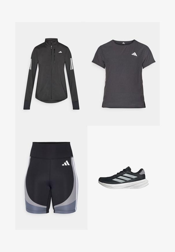 Zwarte sportjack gemaakt van lichtgewicht materiaal. Voorzien van een ritssluiting aan de voorkant, hoge kraag en drie witte strepen op elke mouw.; Korte mouwen sport t-shirt, donkergrijs met geperforeerde textuur. Bevat een wit logo en contrasterende zijstrepen. Ronde halslijn.; Zwarte sportshorts met grijze accenten. Gemaakt van rekbaar materiaal, met een hoge tailleband en een ontwerp met zijpanelen met witte merklogo.; Zwarte hardloopschoen met een mesh bovenzijde, drie zilveren strepen, witte middenzool en een gestructureerde loopzool. Heeft een gevoerde kraag en een vetersluiting.