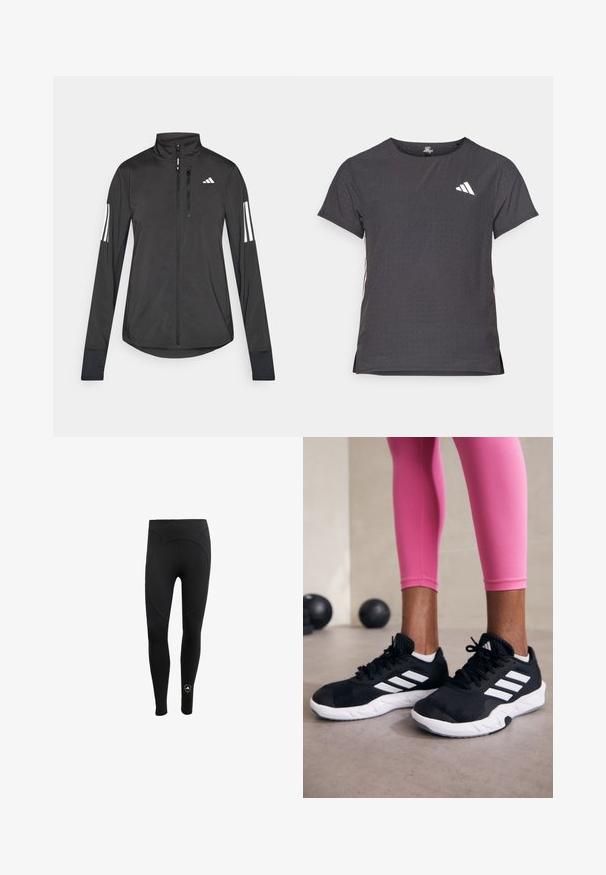 Must mustriga mustrin, millel on esiküljel lukuga, kõrge krae ja igal varrukal kolm valget triipu.; Lühikese varrukaga sportlik T-särk, tumehall, perforatsiooni tekstuuriga. Omab valget logo ja kontrastset külgtriipu. Ümar kaelus.; Naistel mustad retuusid, mis on valmistatud venivast kangast. Need sisaldavad kõrget vöökohta ja õmblusvaba disaini, millel on ümmargune tagapaneel ja logo detail.; Mustad must sportlikud jalanõud valgete triipudega, tekstureeritud võrkkattega ülemine osa ja valge tallaga. Kombineeritud roosade retuusidega, tutvustades treeningriideid.