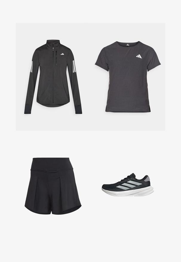 Giacchetto sportivo nero realizzato in materiale leggero. Presenta una chiusura frontale con zip, colletto alto e tre strisce bianche su ciascun manica.; T-shirt atletico a maniche corte, grigio scuro con texture perforata. Presenta un logo bianco e strisce laterali a contrasto. Girocollo.; Pantaloni sportivi neri con una cintura ampia, dotati di pieghe, una texture liscia e una vestibilità comoda. Adatti per lo sport o per un abbigliamento casual.; Scarpa da corsa nera con tomaia in mesh, tre strisce argentate, intersuola bianca e suola testurizzata. Presenta un colletto imbottito e chiusura con lacci.